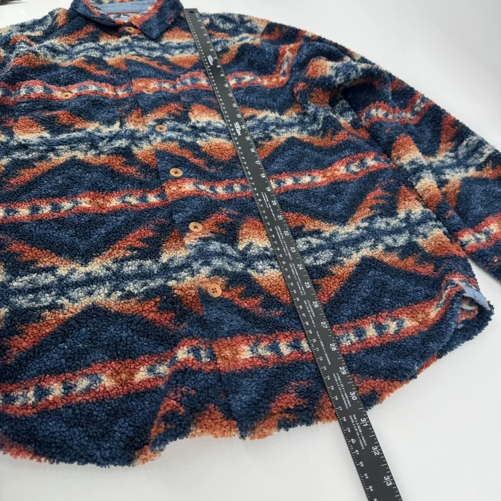 32 Bar Blues Mens Large Southwestern Sherpa Fleece Button Up Shirt Jacket Blue